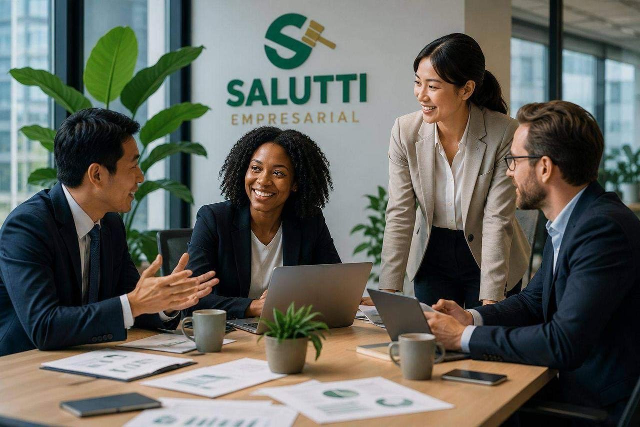 Equipe da Salutti Empresarial reunida em frente ao logotipo da empresa