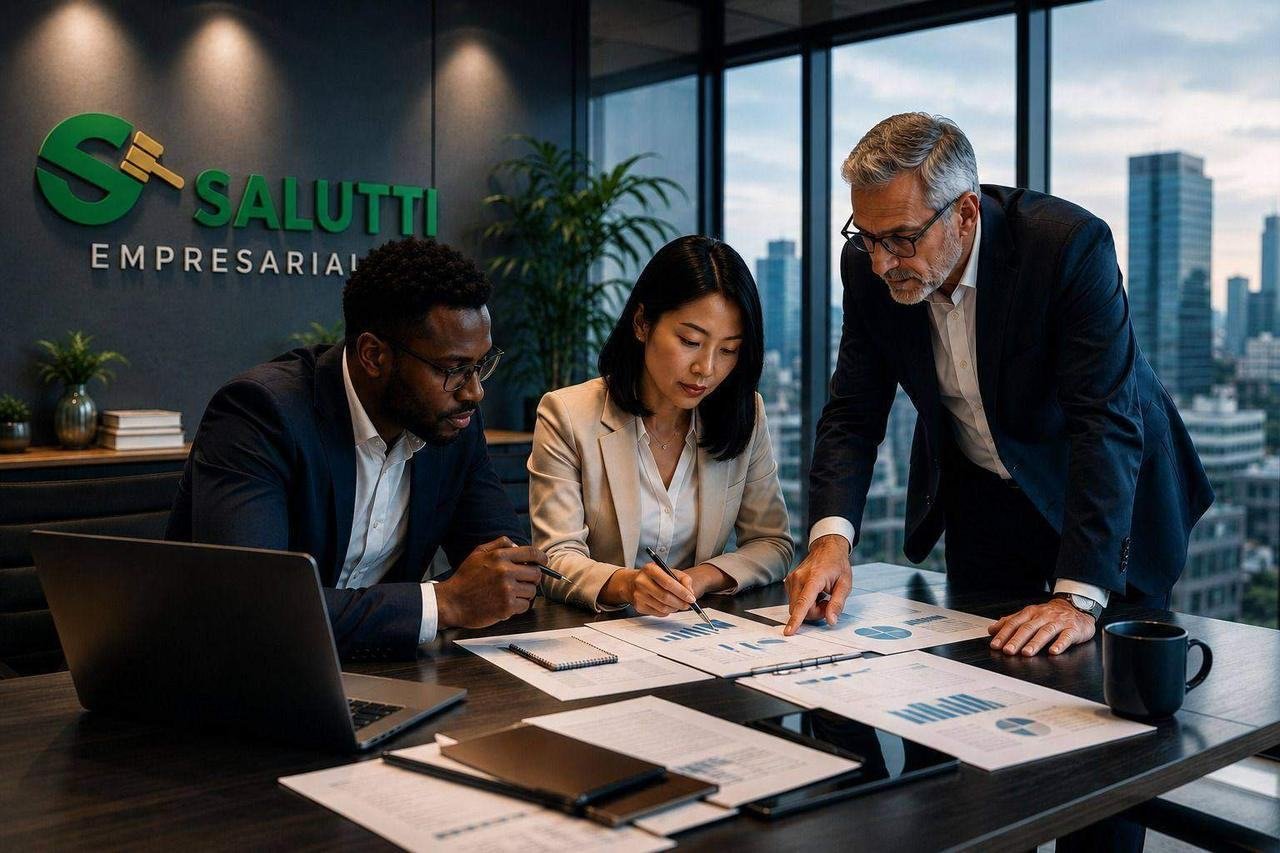 Equipe da Salutti Empresarial reunida em sala de reuniões analisando dados de licitações